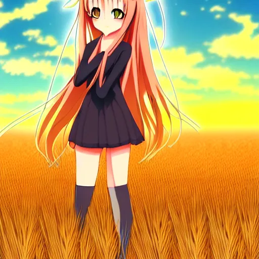 Image similar to anime illustration of Holo from Spice and Wolf standing in a wheat field at sunset, Holo is a wolf girl, high detail, trending on pixiv