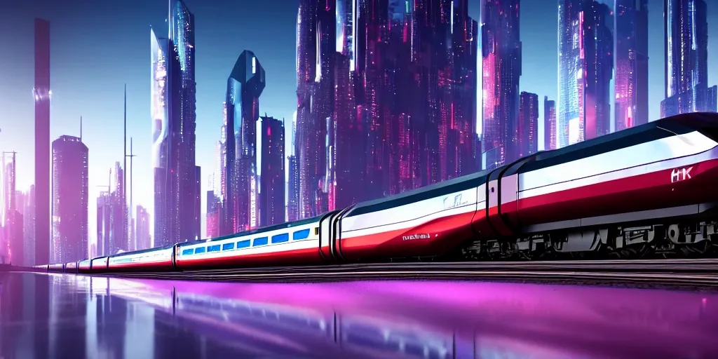 Image similar to a cyberpunk maglev train riding though futuristic station, futuristic cityscape in background, gorgeous lighting and metallic reflection, maroon and blue accents, 8k, large scale, high detail, side profile