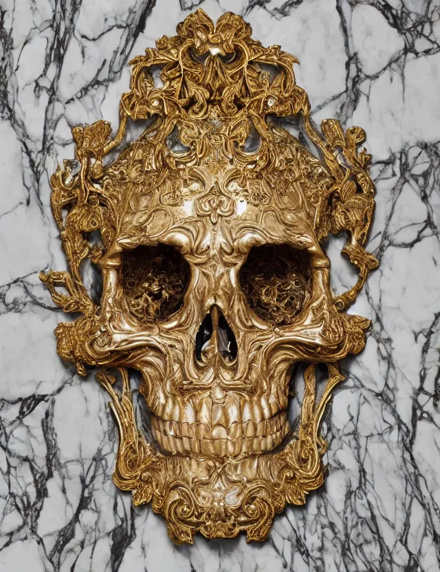 Prompt: beautiful portrait of a large ornate and intricate rococo skull, hyper detailed, gold plated on white marble, wallpaper pattern
