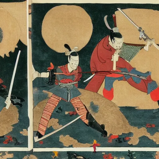 Prompt: samurai and ninja battle in style of bosch
