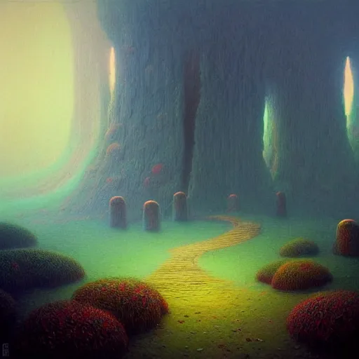 Image similar to enchanted temple landscape in the style of riven and myst by beksinski and rhads vivid color, highly detailed, mystical, digital painting, artstation, concept art, matte, sharp focus.