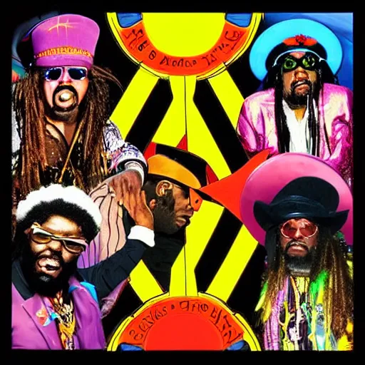 Image similar to artwork of pedro bell, parliament, funkadelic, george clinton, bootsy collins, the mothership, chocolate city