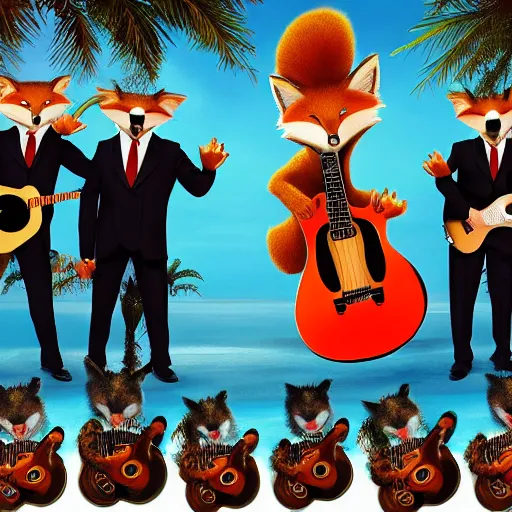 Image similar to photorealistic music album cover, with anthropomorphic foxes animals dressed in suits, holding guitars, on a beach, all looking at camera, studio lighting, award winning photograph, 8 5 mm f / 1. 4