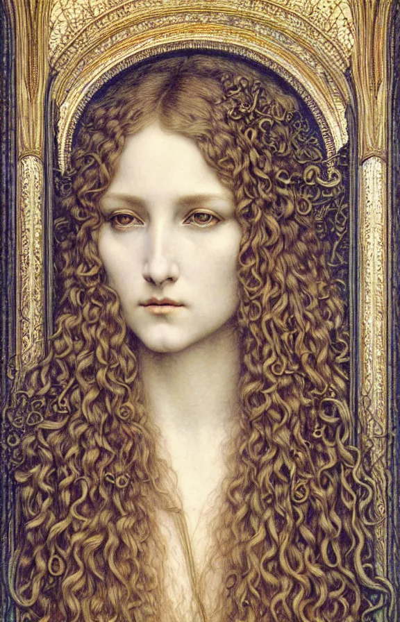 Image similar to detailed realistic beautiful young medieval queen face portrait by jean delville, gustave dore and marco mazzoni, art nouveau, symbolist, visionary, gothic, pre - raphaelite. horizontal symmetry