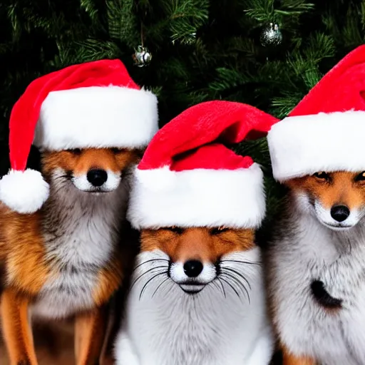 Prompt: foxes with santa hats