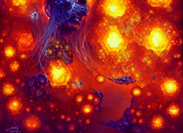 Image similar to a hive cavern, golden amber, hexagonal biological structures, glowing orange crystals, fantasy digital painting, stunning intricate details, artwork by ross tran, artgerm