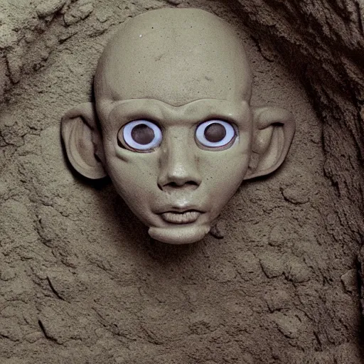 Image similar to found footage of a humanoid made of grayish clay emerging from a wall inside of a cave made of grayish clay, creepy, flash photography, unsettling, moist