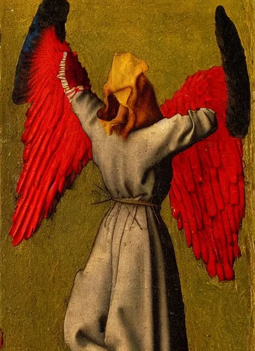 Image similar to Flying Fallen Angel with wings dressed in red, Medieval painting by Jan van Eyck, Johannes Vermeer, Florence