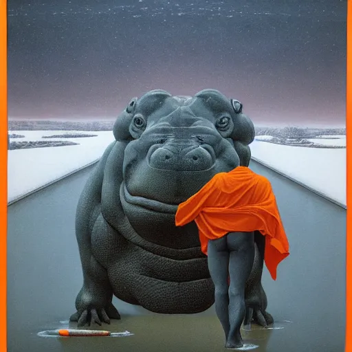 Image similar to anthropomorphic hippopotamus humanoid in orange robes by wayne barlowe, water temple, winter, fantasy