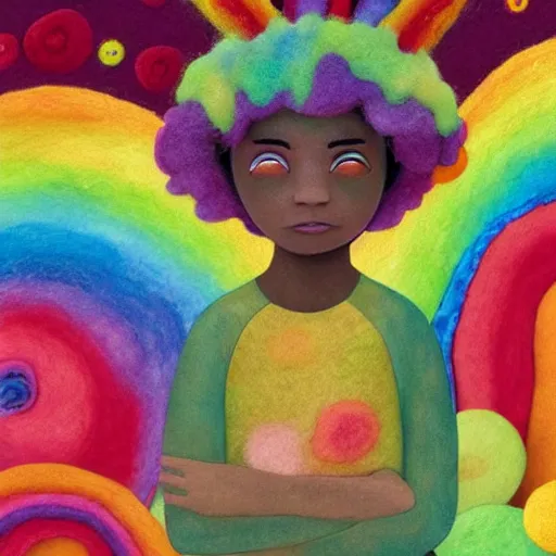 Image similar to a black girl with a colorful afro and rainbow eyes, in a candy forest! at night, bokeh, bright colours, watercolor, volumetric wool felting, macro photography, children illustration, by goro fujita