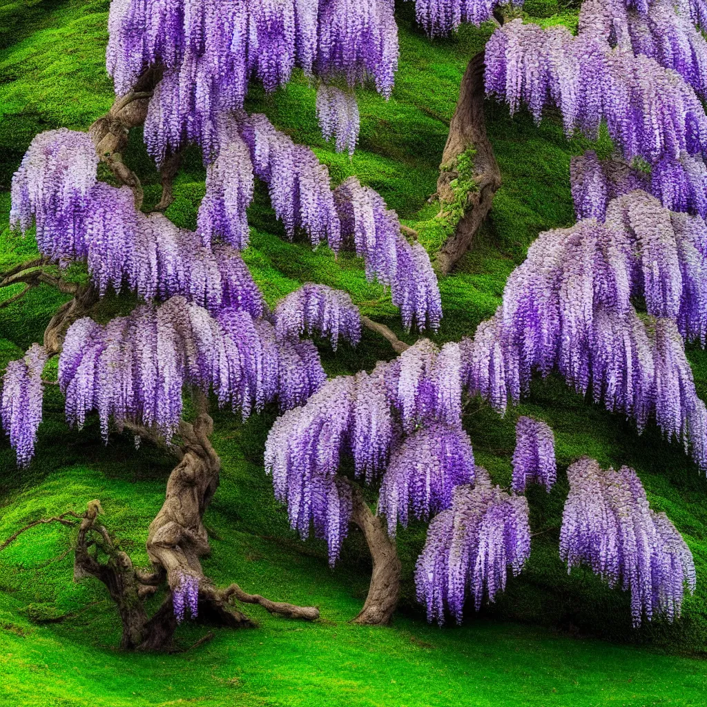 Image similar to tiny wisteria tree on top of a distant hill. backlit. muted colors. fantasy magic style. highly detailed 8 k. intricate. lifelike. epic. movie poster. soft light. sony a 7 r iv 5 5 mm. cinematic post - processing