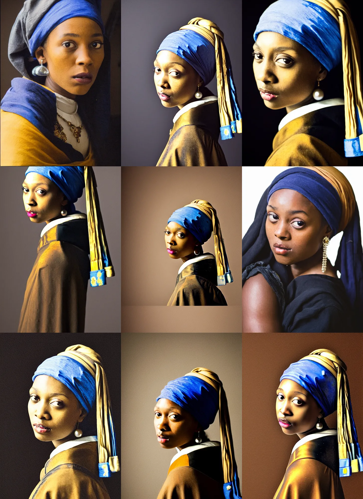 Prompt: black girl with a pearl earring, real life portrait by vermeer, historical reenactment, history drama, beautiful, art brought to life, dslr photo, iso 1 0 0, f / 2 2, studio lighting, 8 k, black girl, black actor