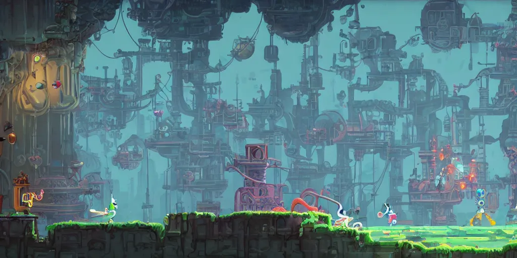 Image similar to Scenario without characters, empty scenario, art by Tomba, ori and the blind, Dead cells ,Hollow knight ,wonder boy , Megaman, Blasphemous , Portraiting a platform game showing an old industry, inside iron and machines, side scrolling, Rule of Thirds, 4K, Retrofuturism, Studio Ghibli, Simon Stålenhag