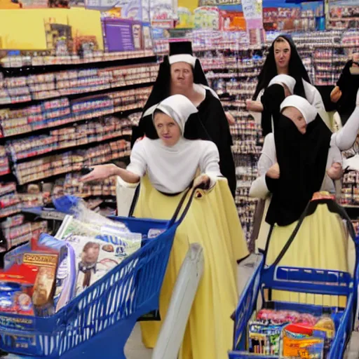 Prompt: a bunch of nuns shooting a twerk video in Walmart