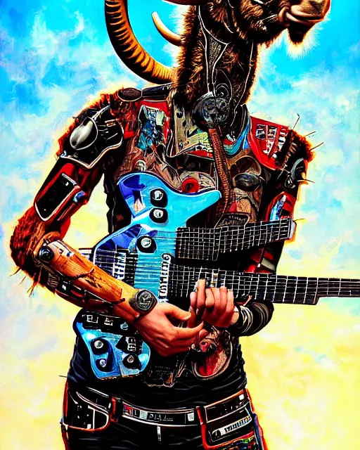 Prompt: a portrait of an anthropomorphic cyberpunk horned goat shredding an electric guitar by sandra chevrier, by jon foster, detailed render, epic composition, cybernetics, 4 k realistic, cryengine, realistic shaded lighting, sharp focus, masterpiece, by enki bilal