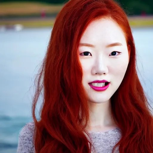 Prompt: Close up photo of the left side of the head of a young beautiful redhead korean woman with gorgeous blue eyes, beautiful white teeth and wavy long red hair, red detailed lips and freckles who looks directly at the camera. Slightly open mouth. Whole head visible and covers half of the frame, with a park visible in the background. 135mm nikon.