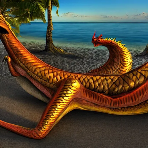 Prompt: Photorealistic award-winning anthromorphic dragon relaxing in a beach, 3D, as coherent as Dall-E 2