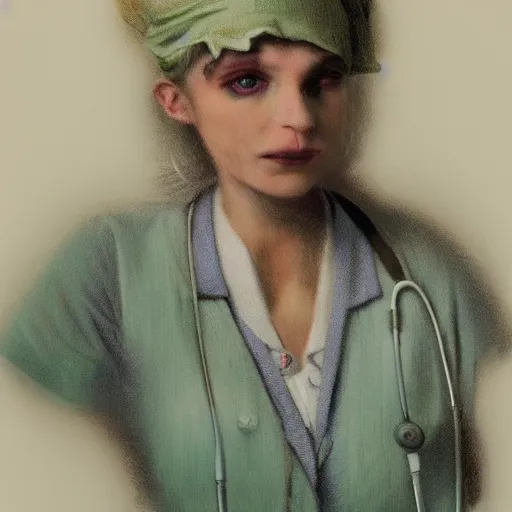 Image similar to clowncore pastel punk young hospital nurse wearing stylish uniform. detailed, portrait, 8 k, artwork by jean - baptiste monge