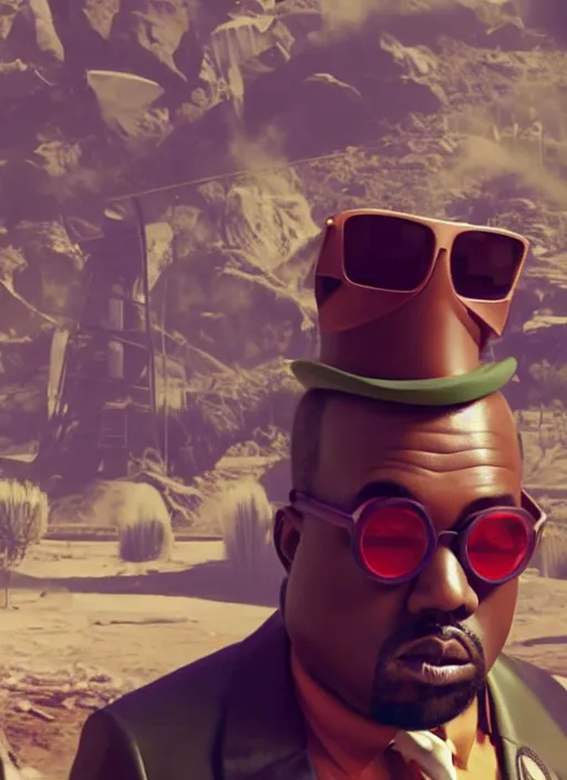 Image similar to Kanye West as willy wonka in fallout new vegas, splash art, movie still, cinematic lighting, dramatic, octane render, long lens, shallow depth of field, bokeh, anamorphic lens flare, 8k, hyper detailed, 35mm film grain