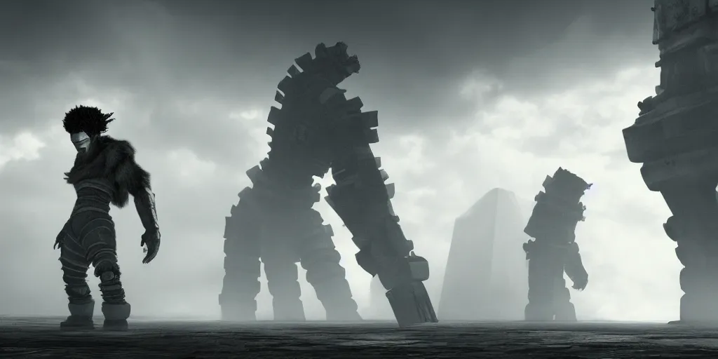 Prompt: colossus from shadow of the colossus with a white fur, fog, dark, fantasy, clean room, unreal engine, digital art