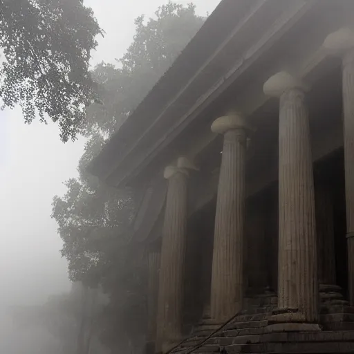 Image similar to Temple of knowledge, foggy entrance, mysterious architecture