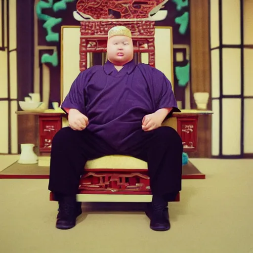 Image similar to Real life Bobby Hill sits on his throne as emperor of Hill Dynasty China, 35mm film