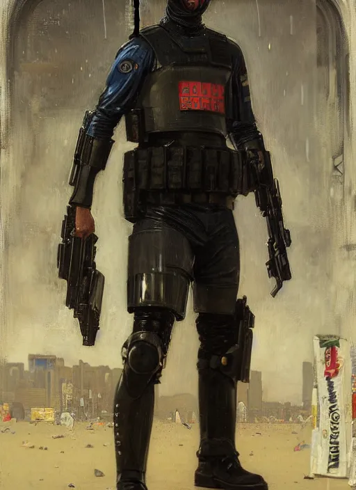 Image similar to Eliezer Nash. Menacing Cyberpunk police trooper wearing a combat vest. Rainy streets (dystopian, police state, Cyberpunk 2077, bladerunner 2049). Iranian orientalist portrait by john william waterhouse and Edwin Longsden Long and Theodore Ralli and Nasreddine Dinet, oil on canvas. Cinematic, vivid colors, hyper realism, realistic proportions, dramatic lighting, high detail 4k