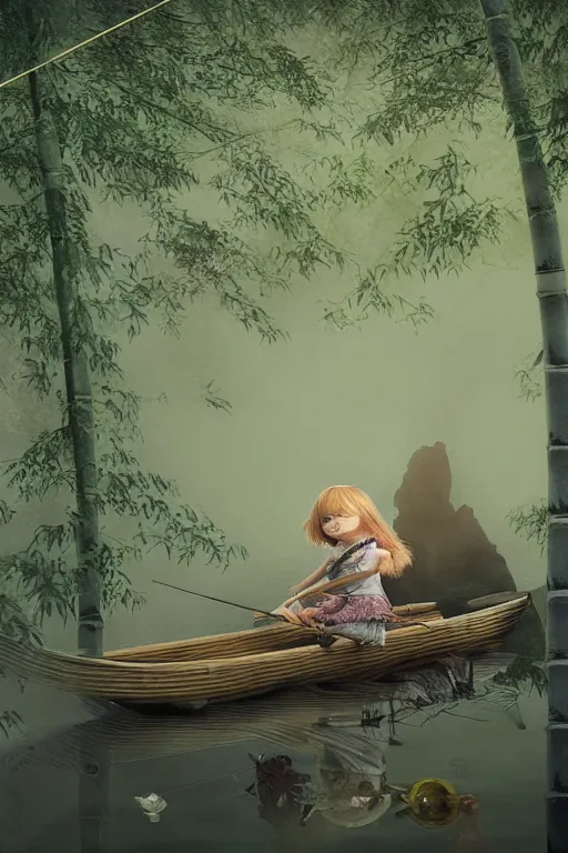 Prompt: a cute little girl with her puppy in a small bamboo boat, fishing in a lake, renaissance ambiance, moonlit night dreamy atmosphere, highly detailed twigs and plants in the forest, bioluminescent butterflies in the fog in a bokeh background, deep colors, photorealistic digital arts, smooth and rich color scheme, artstation, 8K