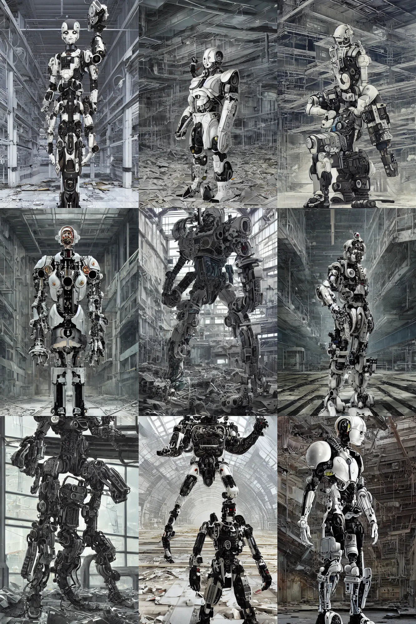 Prompt: cyborg with white and black ancestral ornate japanese tactical gear standing in an abandoned futuristic factory, long shot, by irving penn and storm thorgerson, ren heng, peter elson, alvar aalto, makoto shinkai, toei animation