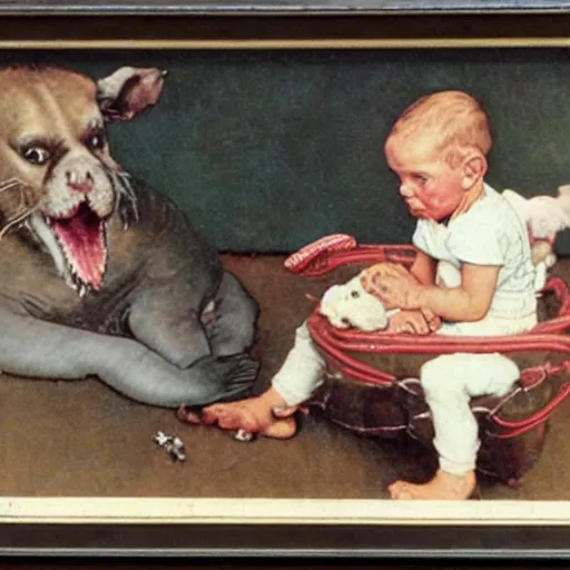 Image similar to a Norman Rockwell painting of a boy and his pet baby walrus
