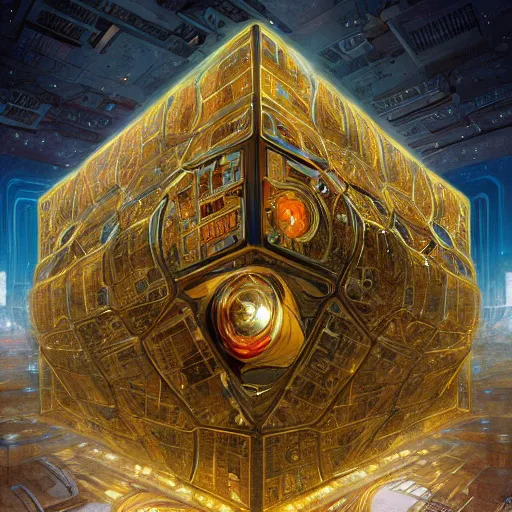 Image similar to hyper realistic golden quantum computer in the shape of a giant cube the size of a city in the middle of a Japanese city , art by artery and Greg Rutkowski and alphonse mucha, sci-fi, fantasy, intricate, ornate, very very intimidating , highly detailed, digital painting, artstation, concept art, smooth, sharp focus, illustration