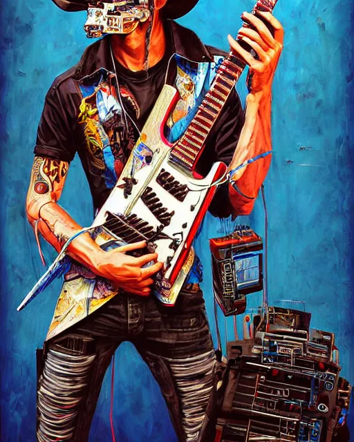 Prompt: a portrait of an anthropomorphic cyberpunk cowboy shredding an electric guitar by sandra chevrier, by jon foster, detailed render, tape deck, epic composition, cybernetics, 4 k realistic, cryengine, realistic shaded lighting, sharp focus, masterpiece, by enki bilal