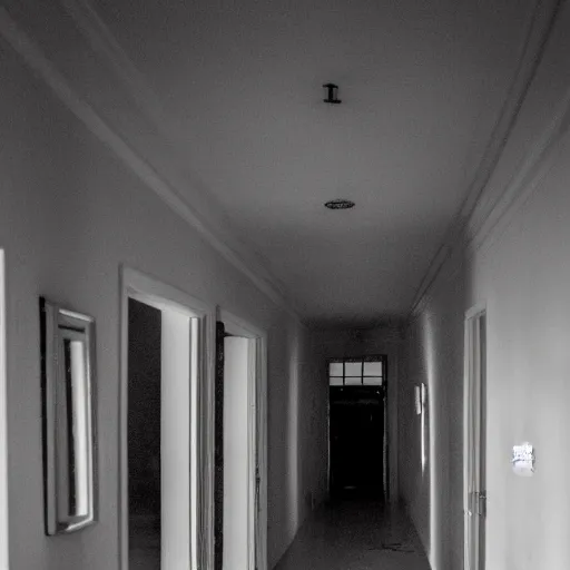 Prompt: very long hallway in a house, very creepy, dim lights, door at the end