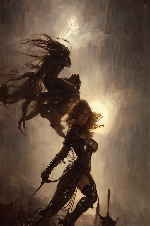 Image similar to dangerously agile jessica alba wearing black medieval armour, bare legs, detailed, by gaston bussiere, bayard wu, greg rutkowski, giger, maxim verehin, greg rutkowski, masterpiece, sharp focus, cinematic lightning