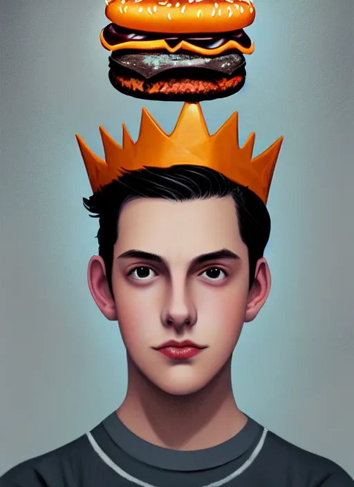 Image similar to portrait of teenage jughead jones wearing a light grey crown, crown, hamburger background, eyes closed, crown, black hair, orange, intricate, elegant, glowing lights, warm lighting, highly detailed, digital painting, artstation, concept art, smooth, sharp focus, illustration, art by wlop, mars ravelo and greg rutkowski