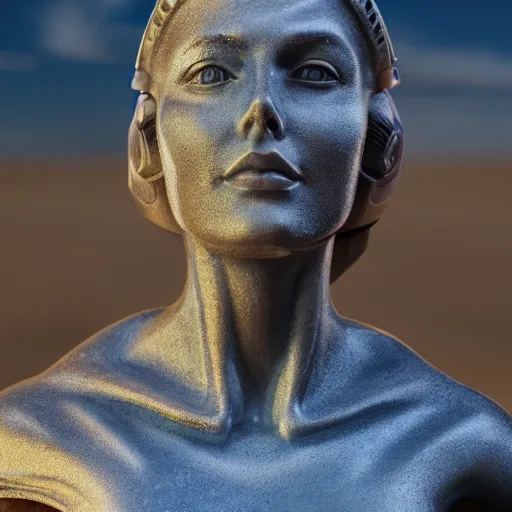 Image similar to the head of a marble cybernetic lady justice statue wearing a virtual reality headset on ground covered in sand, cyberpunk background, highly detailed, epic lighting, hyper photorealism, 8 k