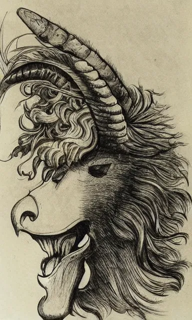 Prompt: human / eagle / lion / ox hybrid with two horns, one beak, mane and human body. drawn by da vinci