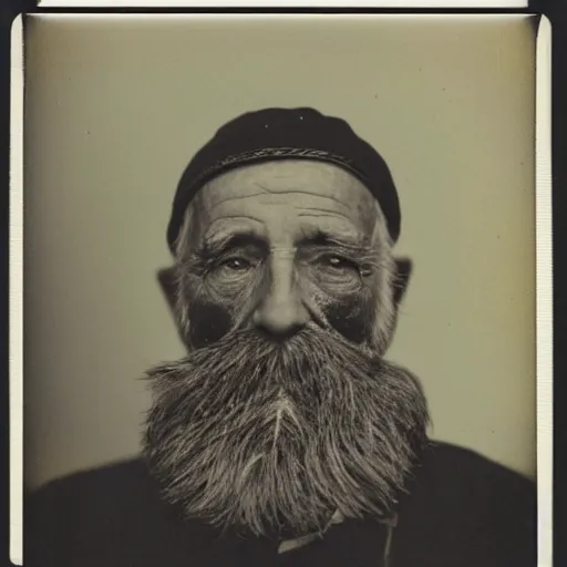 Image similar to polaroid photo of an older man, about 1 2 0 years old, with wrinkles on his face, looking towards infinity with a sad look, a two - day beard and a woolen cap while his lips are chapped by the sun, as well as his dark complexion