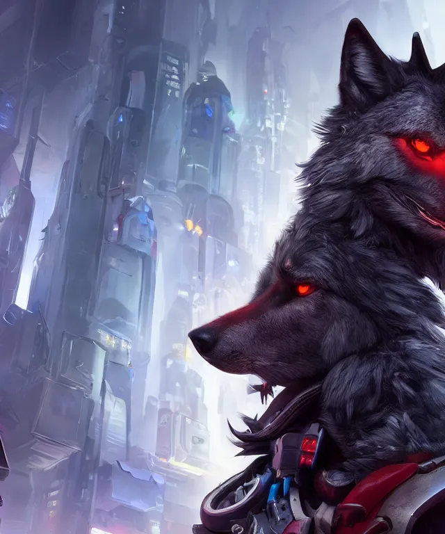 Image similar to a male anthropomorphic dark gray wolf, long red hair, blue eyes, in a futuristic city, hyper detailed, digital art, trending in artstation, cinematic lighting, studio quality, smooth render, unreal engine 5 rendered, octane rendered, art style by pixar dreamworks warner bros disney riot games and overwatch.