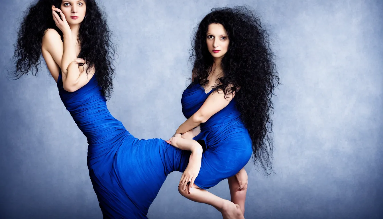 Image similar to a portrait photography of a beautiful woman with black long curly hair and full body dress in blue by Annie Leibovitz, soft professional studio lighting, dramatic colors scheme, fine art photography, dramatic colors background, 50 mm sigma art