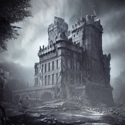 Image similar to hyperrealistic photograph of the haunted ruins of the black castle, dim volumetric lighting, 8 k, octane beautifully detailed render, extremely hyper detailed, intricate, epic composition, cinematic lighting, masterpiece, trending on artstation, very very detailed, stunning, hdr, smooth, sharp focus, high resolution, award, winning photo, dslr, 5 0 mm