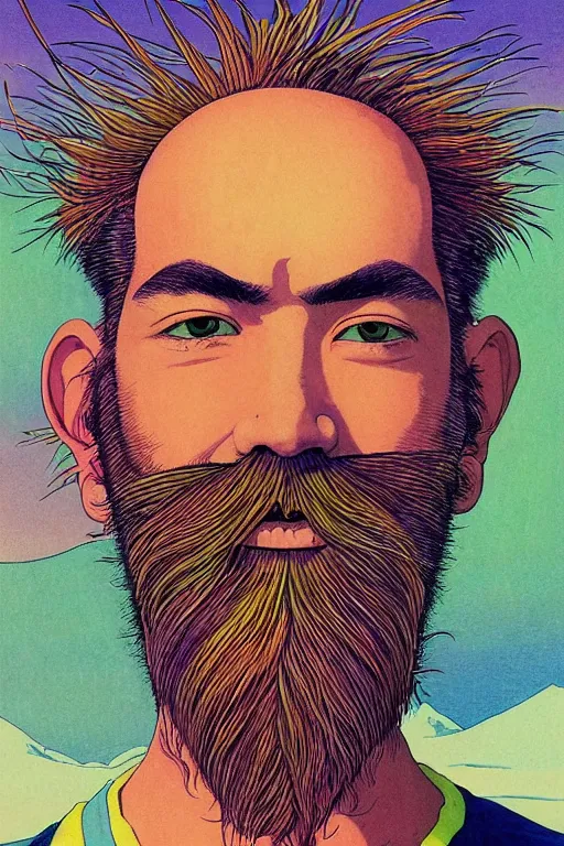 Prompt: a colorful psychedelic closeup portrait of a young bald man with a very long wild beard dreaming psychedelic hallucinations in the vast icy landscape of antarctica, by kawase hasui, moebius and edward hopper, colorful flat surreal design, hd, 8 k, artstation