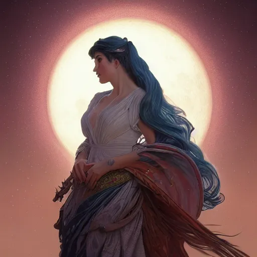 Image similar to detailed full body retro fantasy moon ultra detailed 4k digital painting, artstation, concept art, soft light, hdri, smooth, sharp focus, illustration, fantasy, intricate, elegant, highly detailed, D&D, matte painting, in the style of Greg Rutkowski and Alphonse Mucha and artemisia, 8k, highly detailed, jurgens, rutkowski, bouguereau, pastoral, rustic, georgic