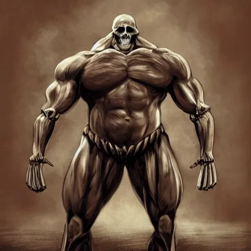 Image similar to A Large Muscular man with a Skeleton Head, high quality digital concept art