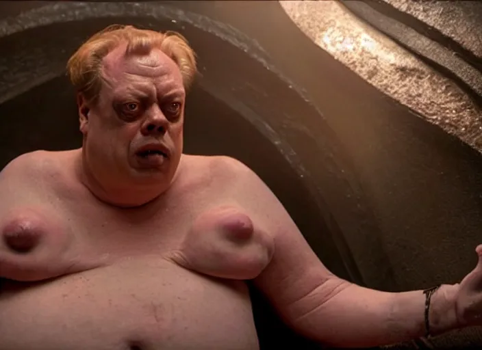 Image similar to steve buscemi as baron harkonnen in a black oil bath in a still from the film Dune (2021)