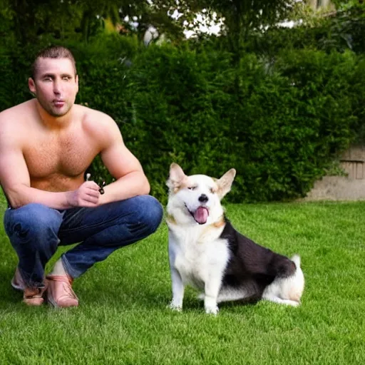 Image similar to the most chad man in the world with his dog, portrait photography