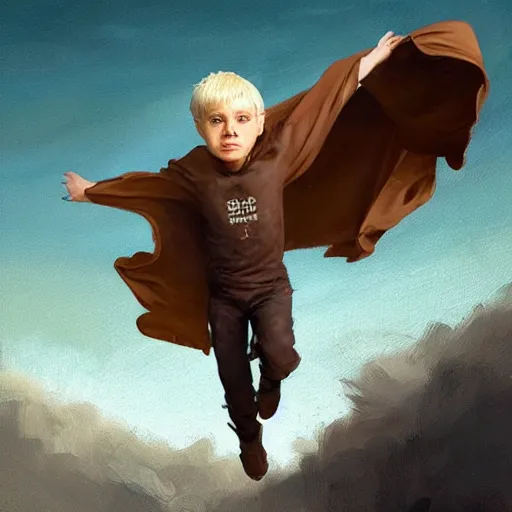 Image similar to blonde boy wearing a brown cape and flying in t pose, powerful, space background, oil painting, brush strokes, greg rutkowski