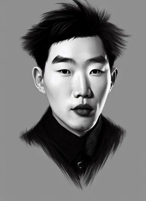 Image similar to portrait of a korean man with a crooked nose and a confident expression, 1 9 6 0 s, black clothes, goth, punk, brightly coloured hair, funk, intricate, elegant, highly detailed, digital painting, artstation, concept art, smooth, sharp focus, illustration, art by wlop, mars ravelo and greg rutkowski