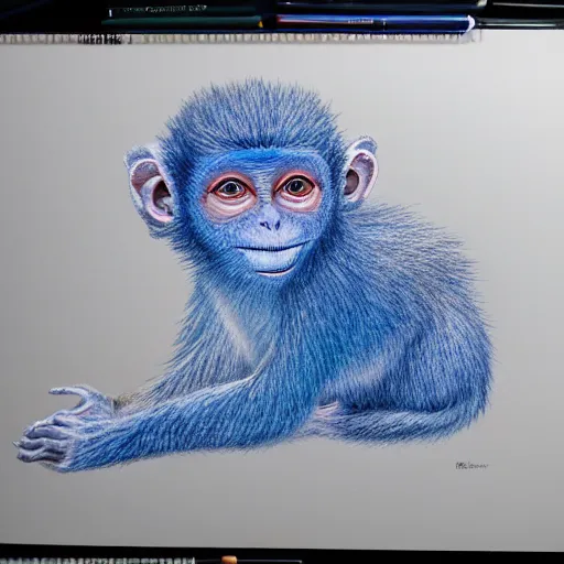 Image similar to Colored pencil art on paper, Blue Frost monkey, highly detailed, artstation, MasterPiece, Award-Winning, Caran d'Ache Luminance