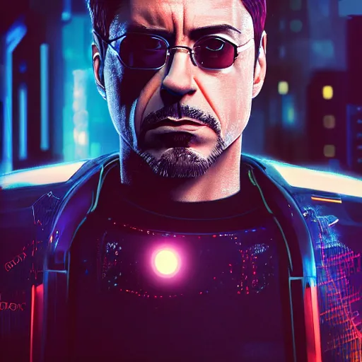 Image similar to robert downey jr portrait, Cyberpunk 2077, cyberpsycho, photorealistic, ultra detailed, neon, octane, bokeh, cyber, cyberpunk city, feature, scars, cyberface, 8k